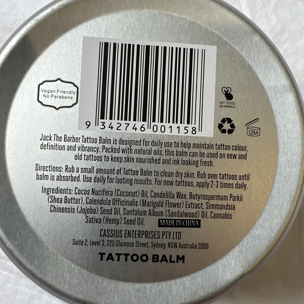 Jack The Barber Tattoo Balm 3.4 Oz Healing Natural Oils‎ For New & Old Tattoos